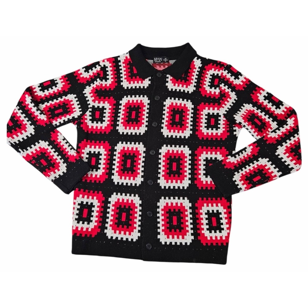 BoohooMAN Men's Knit Polo Cardigan XS‎ Black Red White Geometric Button Front